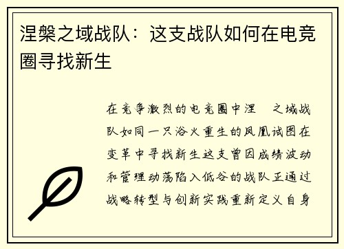 涅槃之域战队：这支战队如何在电竞圈寻找新生