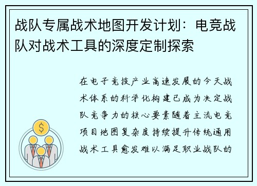 战队专属战术地图开发计划：电竞战队对战术工具的深度定制探索
